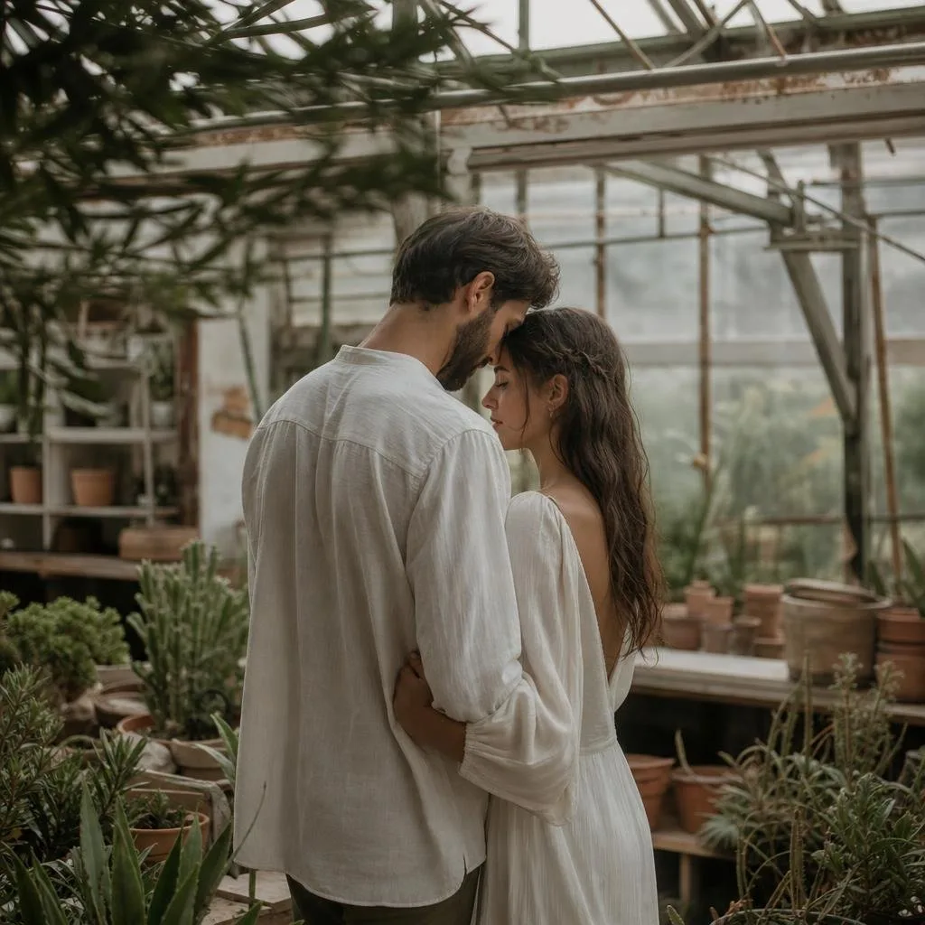 Rowan and Elise laughing together in a sunlit conservatory full of plants