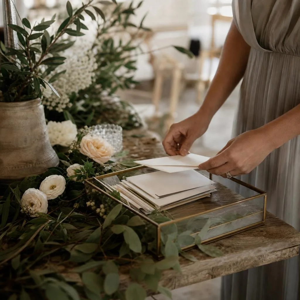A place setting with a sprig of eucalyptus and a handwritten name card