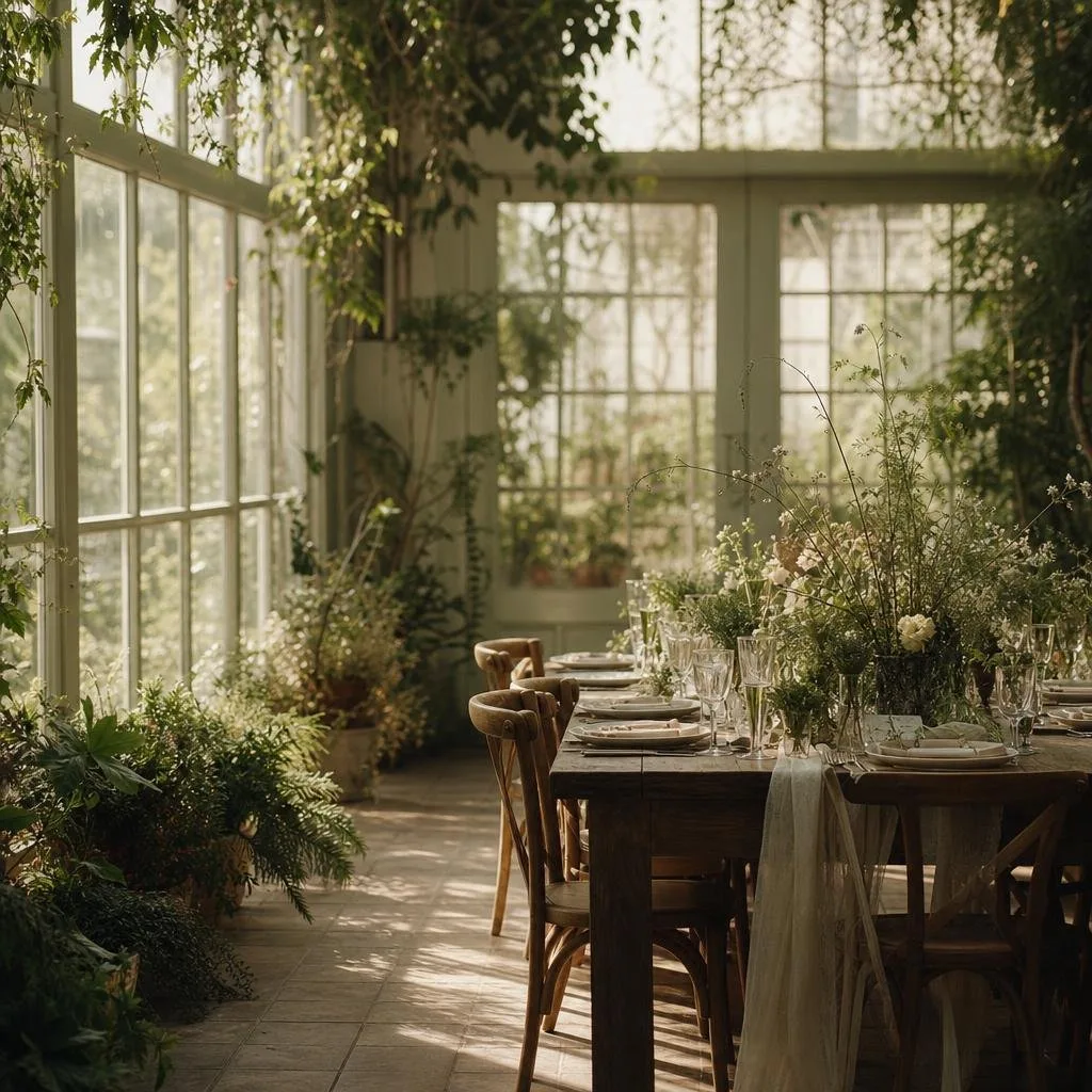 The garden venue at dusk under string lights